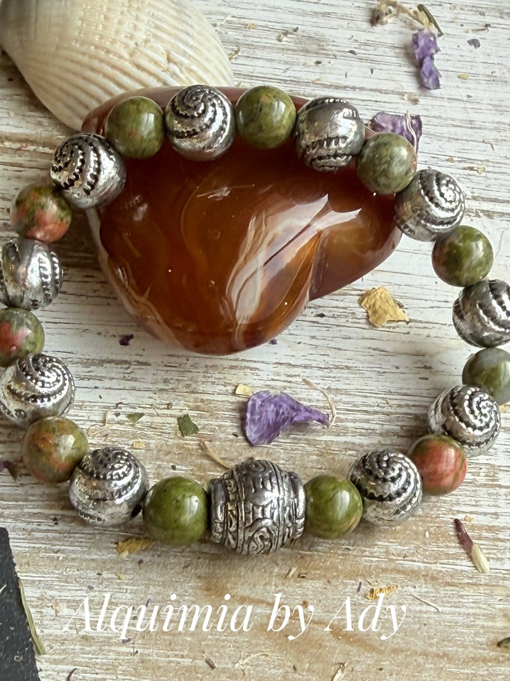 Fall + Engraved silver Green unakite Bracelet